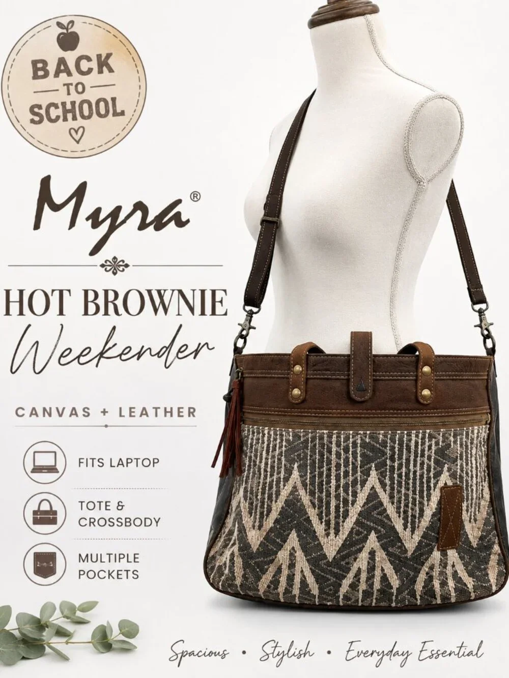 Myra Hot Brownie Weekender Canvas Leather Laptop Tote Crossbody Tribal Bag